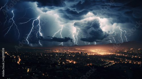 Lightning storm over city in light at night