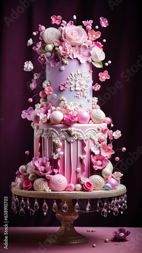 Amazing Pink Cake for the Birthday of a Girl. Fantastic Flowers on the top. © Boss