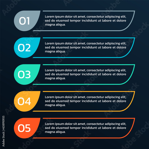 5 step list diagram. Info graphic template. Business process, presentation, layout design. Five numbers infographic. Vector illustration.