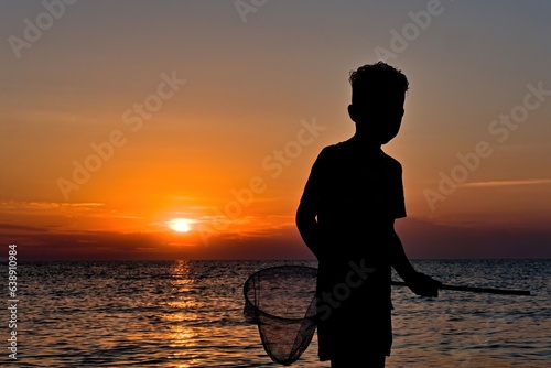 Silhouette of a boy with a butterfly net against the backdrop of sunset.