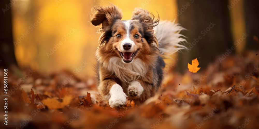 Happy dog running, walking in the leaves, autumn fall banner Happy dog running, walking in the leaves, autumn fall banner