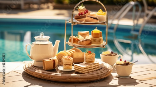 Afternoon tea set on swimming pool at the beach with cake,bakery,pastry and dessert. Generative Ai  