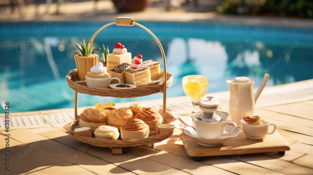 Pool Side Hi Tea Afternoon tea set on swimming pool at the beach with cake,bakery,pastry ...