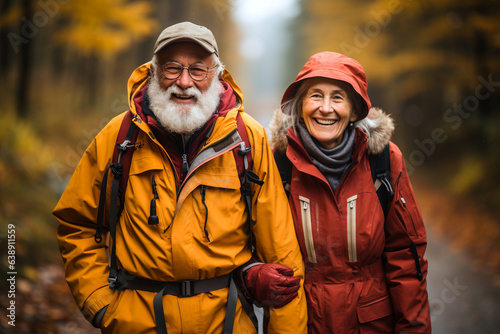 Romantic elderly healthy lifestyle concept. Senior cheerful active smiling mature couple walks looks happy in the park with hiking backpacks  in afternoon autumn day  happily retired. Generative AI