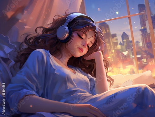 Lo-fi music beautiful girl listening music and sleeping wallpaper generative ai