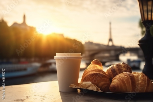 cup breakfast croissant drink france table paris bar french food. Generative AI.