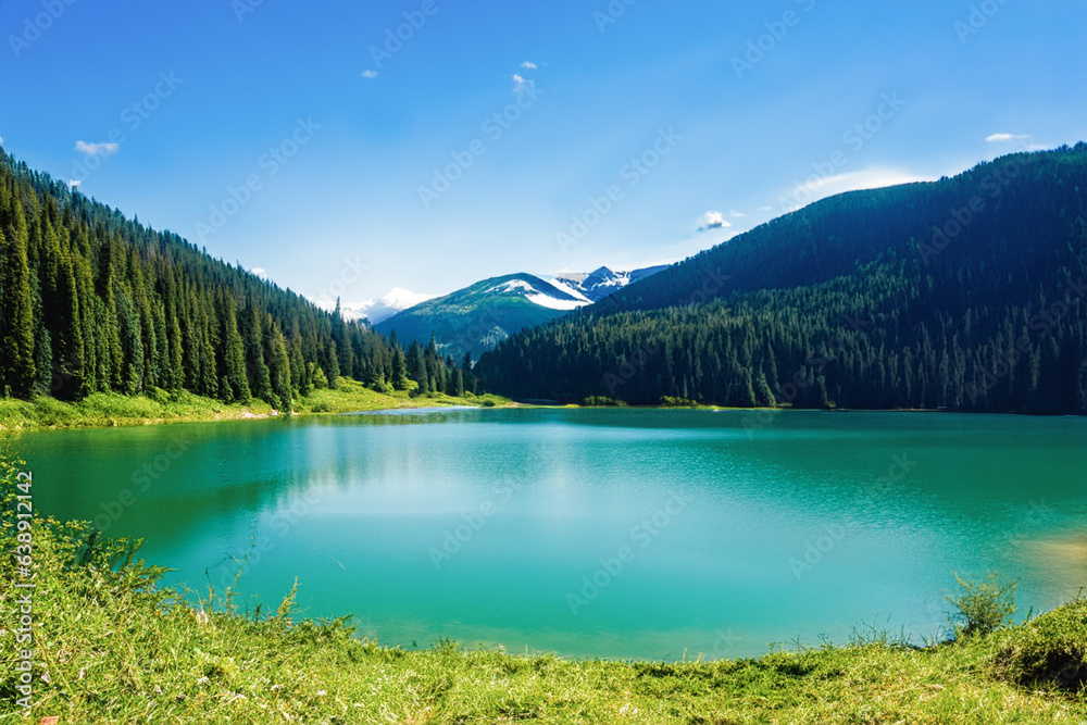 A lake in the mountains in the autumn season. Mountain landscape
