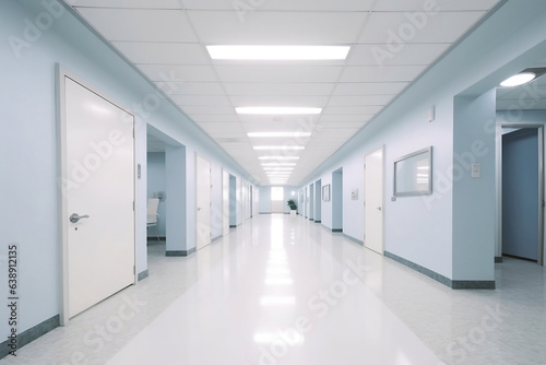 Hospital corridor, interior of modern hospital hallway, hygiene and hi-tech science lab, no people healthcare background.