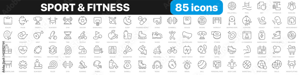 Sport and fitness line icons collection. GYM, diet, sport icons. UI icon set. Thin outline icons pack. Vector illustration EPS10