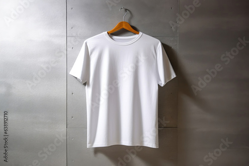 A white T-shirt is hanging on a hanger