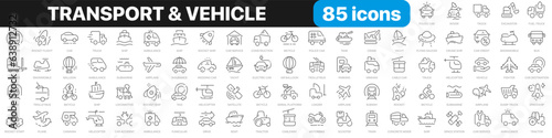 Transport and vehicle line icons collection. Car, truck, ship, plane, bike, train icons. UI icon set. Thin outline icons pack. Vector illustration EPS10