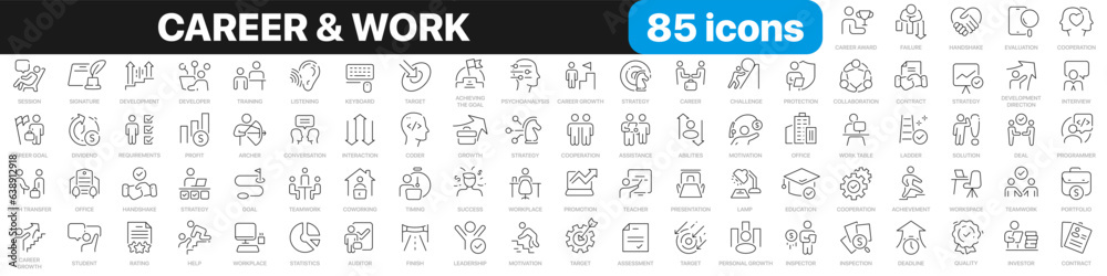 Career and work line icons collection. Growth, teamwork, audit, training, target icons. UI icon set. Thin outline icons pack. Vector illustration EPS10 Career and work line icons collection. Growth, teamwork, audit, training, target icons. UI icon set. Thin outline icons pack. Vector illustration EPS10