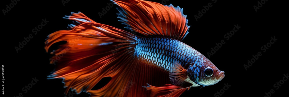 Fototapeta premium Aquatic Elegance - Stunning Detail of Betta Fish on Black Background. Generative AI,