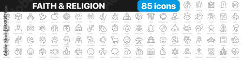 Faith and religion line icons collection. Christianity, buddhism, judaism, taoism, temple icons. UI icon set. Thin outline icons pack. Vector illustration EPS10