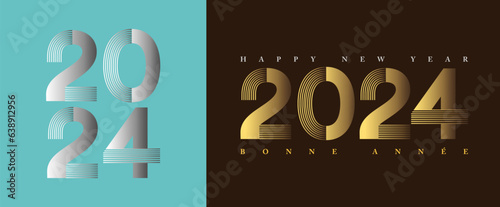 2024 - 2 réalisations graphiques pour souhaiter la nouvelle année avec des chiffres modernes, or sur fond marron et argent sur un fond turquoise - texte Français et anglais, traduction : bonne année.