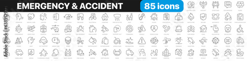 Emergency and accident line icons collection. Crime, ambulance, fire, crash, insurance icons. UI icon set. Thin outline icons pack. Vector illustration EPS10