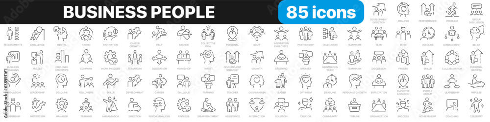 Business people line icons collection. Teamwork, goal, education, skills, career icons. UI icon set. Thin outline icons pack. Vector illustration EPS10