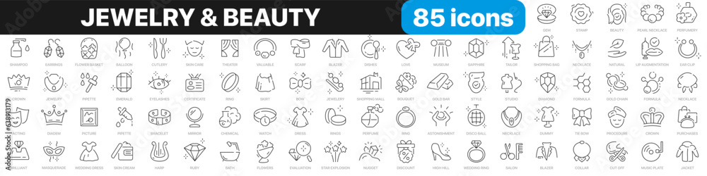 Jewelry and beauty line icons collection. Diamond, necklace, clothes, crown, fashion icons. UI icon set. Thin outline icons pack. Vector illustration EPS10 Jewelry and beauty line icons collection. Diamond, necklace, clothes, crown, fashion icons. UI icon set. Thin outline icons pack. Vector illustration EPS10