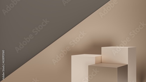 Beige empty podiums or pedestals for product presentation on three floors, showcase of beauty and cosmetics product. Square mockup platforms on pastel brown background. 3d rendering