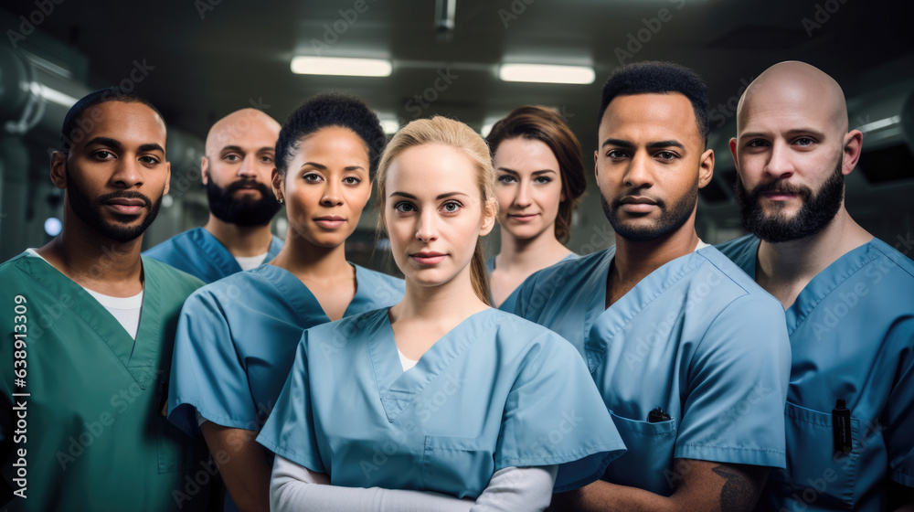 Portrait Of Multi-Cultural Surgical Team Standing In Hospital Operating Theater Portrait Of Multi-Cultural Surgical Team Standing In Hospital Operating Theater