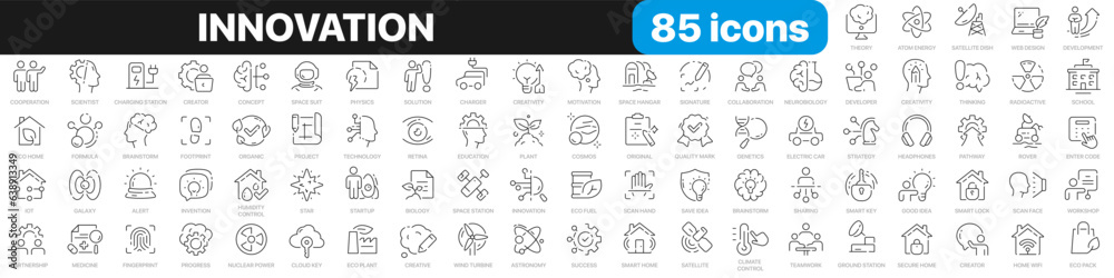 Innovation line icons collection. Technology, creative, brainstorm, education icons. UI icon set. Thin outline icons pack. Vector illustration EPS10 Innovation line icons collection. Technology, creative, brainstorm, education icons. UI icon set. Thin outline icons pack. Vector illustration EPS10