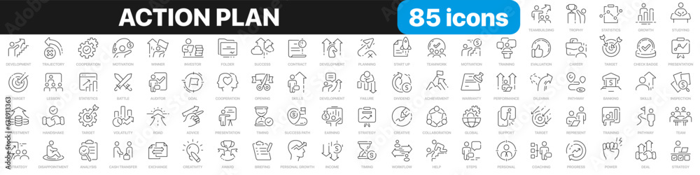 Action plan line icons collection. Business, strategy, startup, steps, target icons. UI icon set. Thin outline icons pack. Vector illustration EPS10