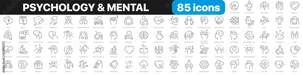 Psychology and mental line icons collection. Mental, session, help, psychoanalysis, emotions icons. UI icon set. Thin outline icons pack. Vector illustration EPS10