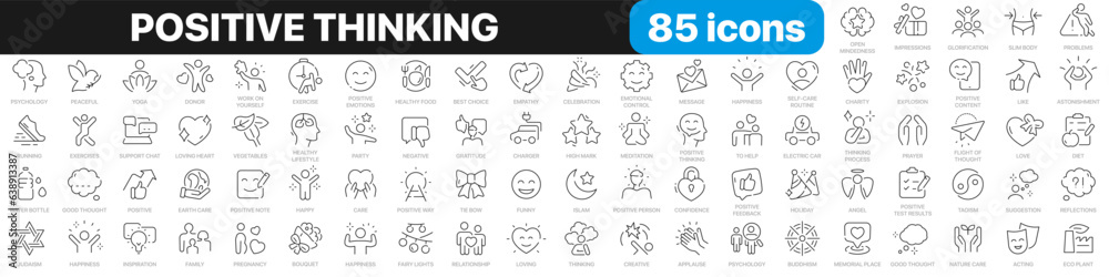 Positive thinking line icons collection. Psychology, charity, family, happy, peace icons. UI icon set. Thin outline icons pack. Vector illustration EPS10