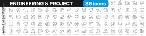 Engineering and project line icons collection. Designer, construction, engineer, project, crane icons. UI icon set. Thin outline icons pack. Vector illustration EPS10