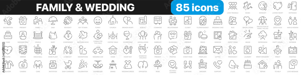 Family and wedding line icons collection. Relationship, church, home, conflict icons. UI icon set. Thin outline icons pack. Vector illustration EPS10