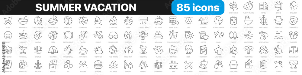 Summer vacation line icons collection. Travel, trip, camping, nature icons. UI icon set. Thin outline icons pack. Vector illustration EPS10