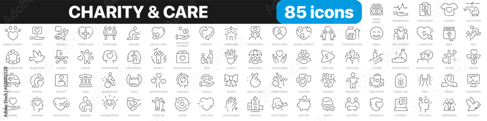 Charity and care line icons collection. Positive, donation, organization, donor icons. UI icon set. Thin outline icons pack. Vector illustration EPS10 - obrazy, fototapety, plakaty 