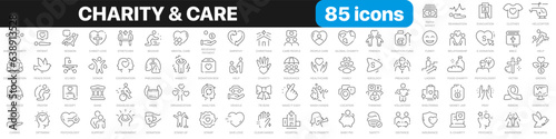Charity and care line icons collection. Positive, donation, organization, donor icons. UI icon set. Thin outline icons pack. Vector illustration EPS10
