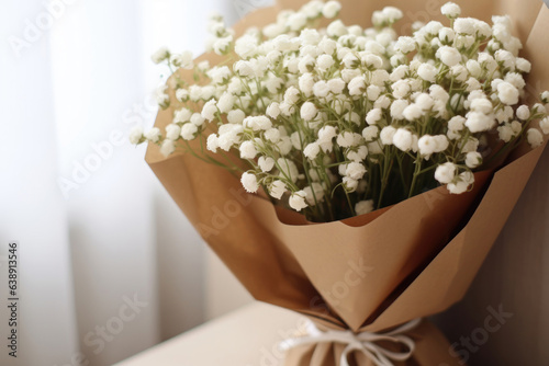 A bouquet of gypsophila flowers in a craft package on the table