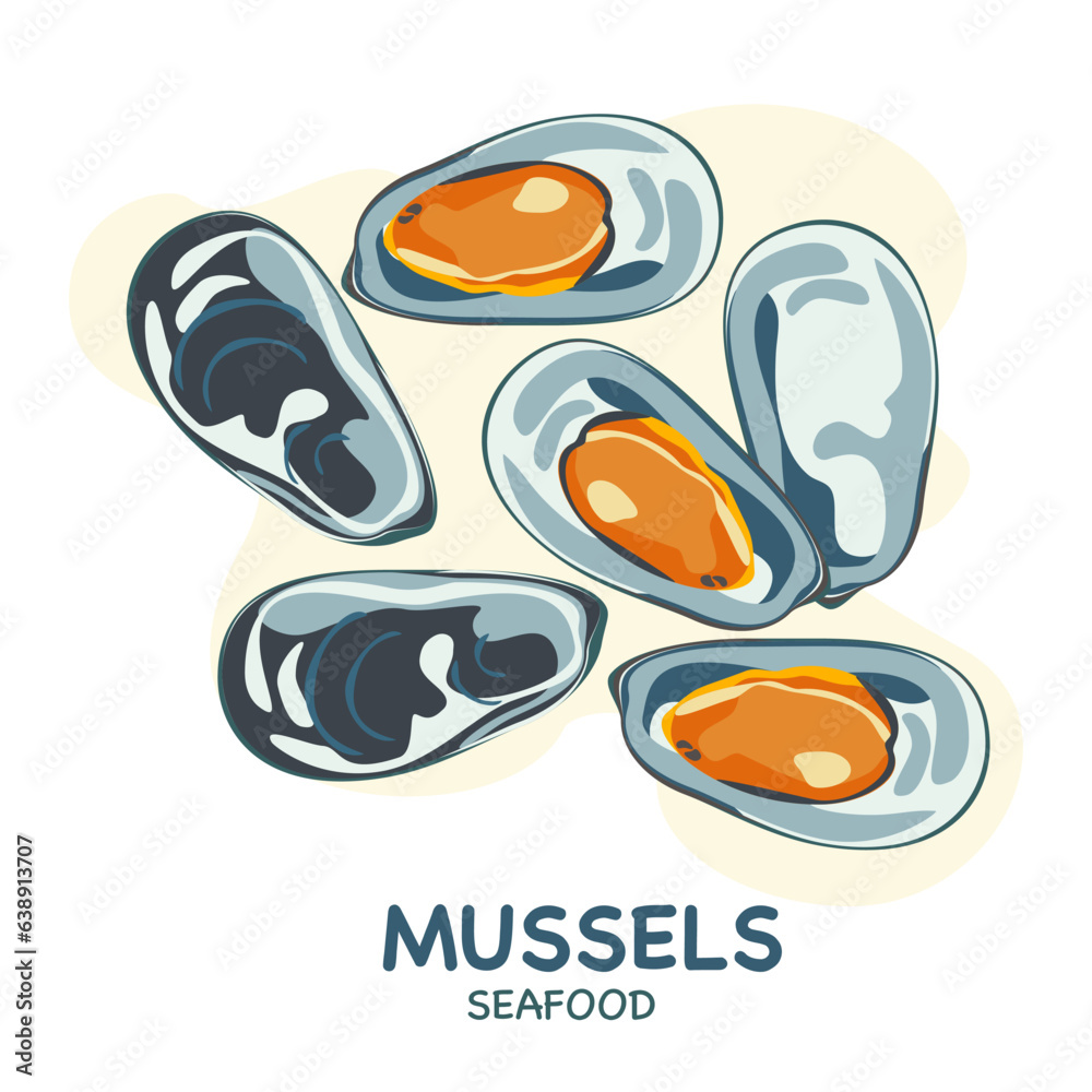 Vector Set of Mussels for Mediterranean cuisine. Seafood. Top view, closed shell, open shell. Isolated on a white background. Vector Set of Mussels for Mediterranean cuisine. Seafood. Top view, closed shell, open shell. Isolated on a white background.