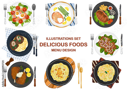 Isolated food icon vector illustration of top view delicious food on the restaurant table. Vegetable salad menu. Beef steak. Salmon steak, spaghetti. Lamb ribs, slices, rice.