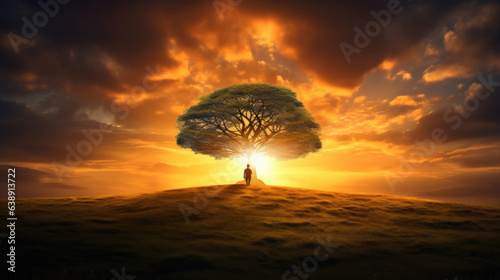 Silhouette of lonely human under old majestic tree at evening meadow during incredible sunset with rays of golden sun