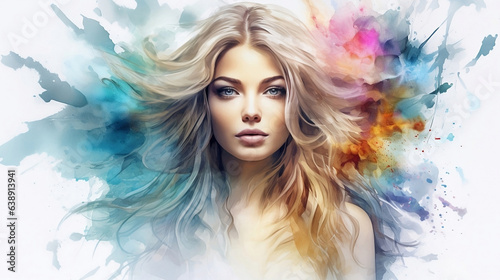 Women faces watercolor illustration, horizontal copy space on pastel pink background. Abstract fashion concept.Generative AI
