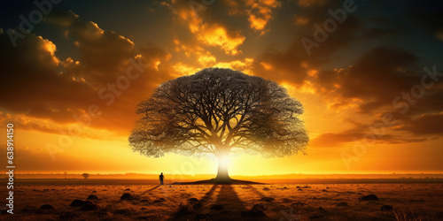 Silhouette of lonely human under old majestic tree at evening meadow during incredible sunset with rays of golden sun