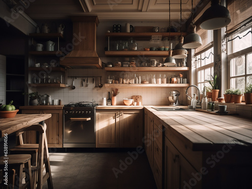 Light wood kitchen room exuding a warm atmosphere. AI Generate.