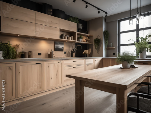 Chic light wood kitchen with contemporary touches. AI Generate.