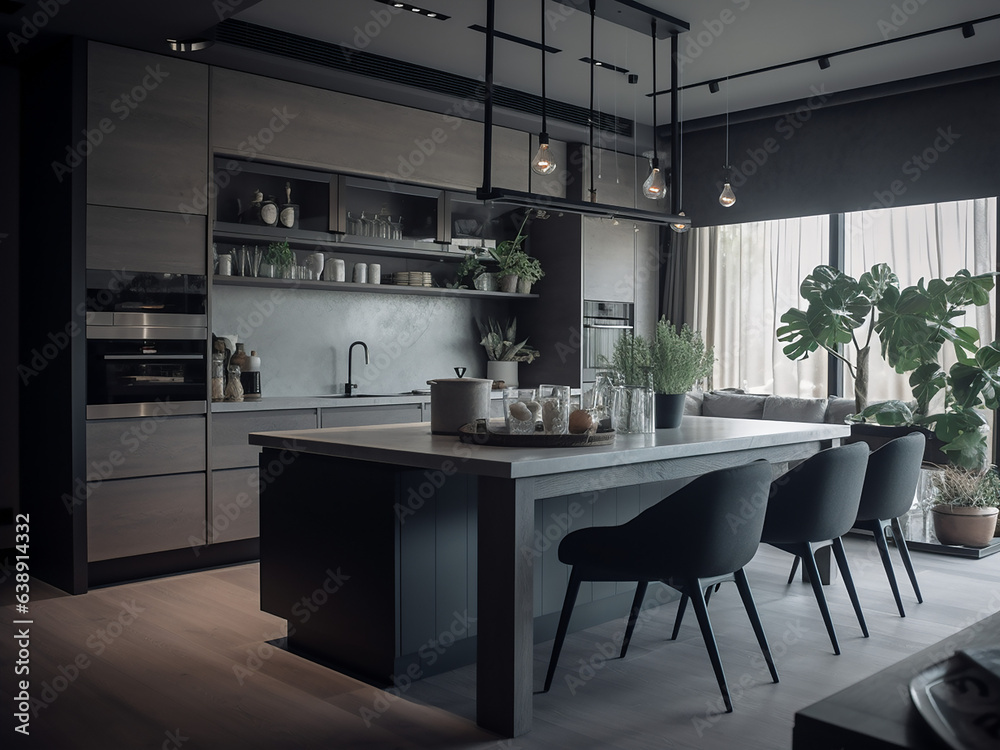 Cozy modern kitchen with a fresh feel. AI Generate.