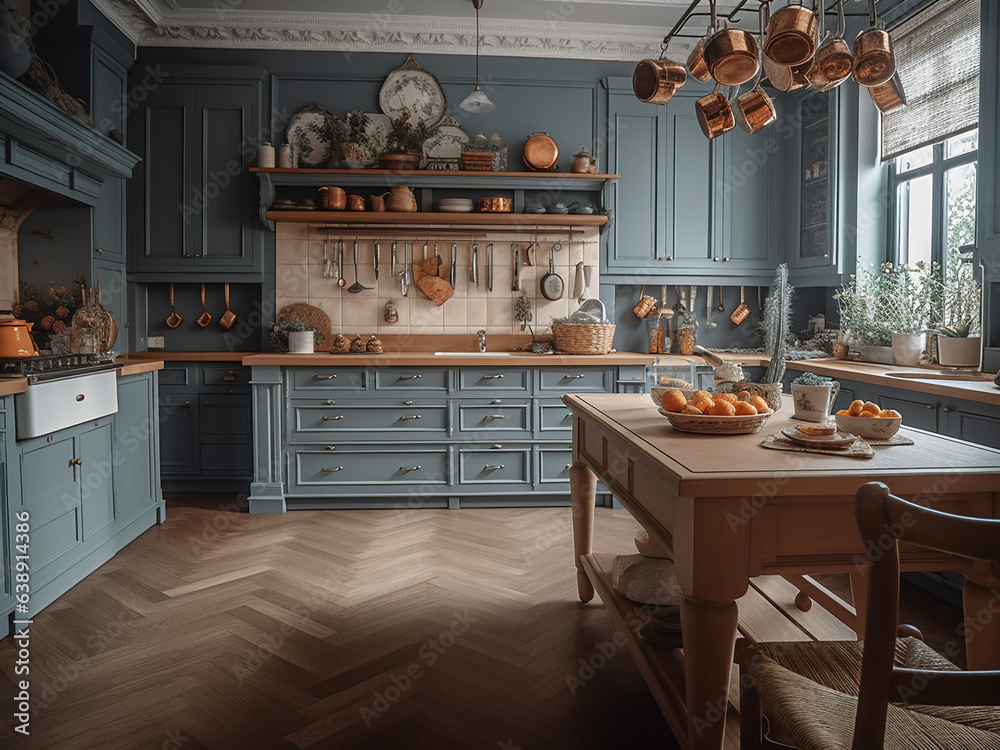 Provence kitchen room showcasing wooden furniture. AI Generate.