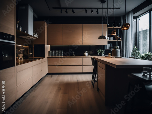 Minimalism kitchen with a touch of rustic charm. AI Generate.