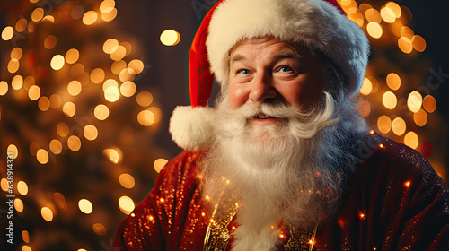 Santa claus ,near a christmas tree with lights in the background