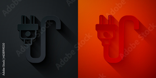 Paper cut Electric plug icon isolated on black and red background. Concept of connection and disconnection of the electricity. Paper art style. Vector