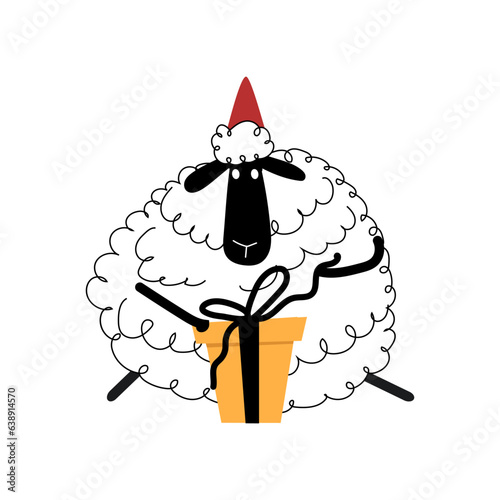 Doodle Christmas sheep with yellow gift box.