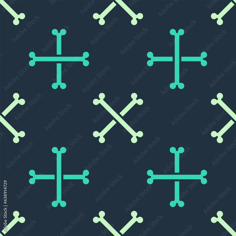 Green and beige Crossed human bones icon isolated seamless pattern on blue background. Vector