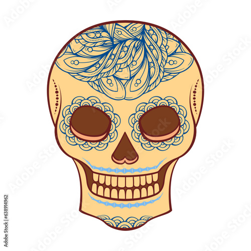Dia de los Muertos or Halloween sugar scull colorful vector illustration. Mexican Day of the Dead fancy calavera catrina on a white background