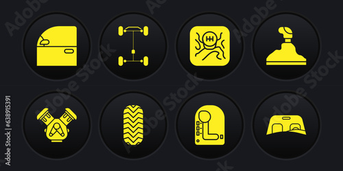 Set Car engine, Gear shifter, tire, Chassis car, windscreen and door icon. Vector